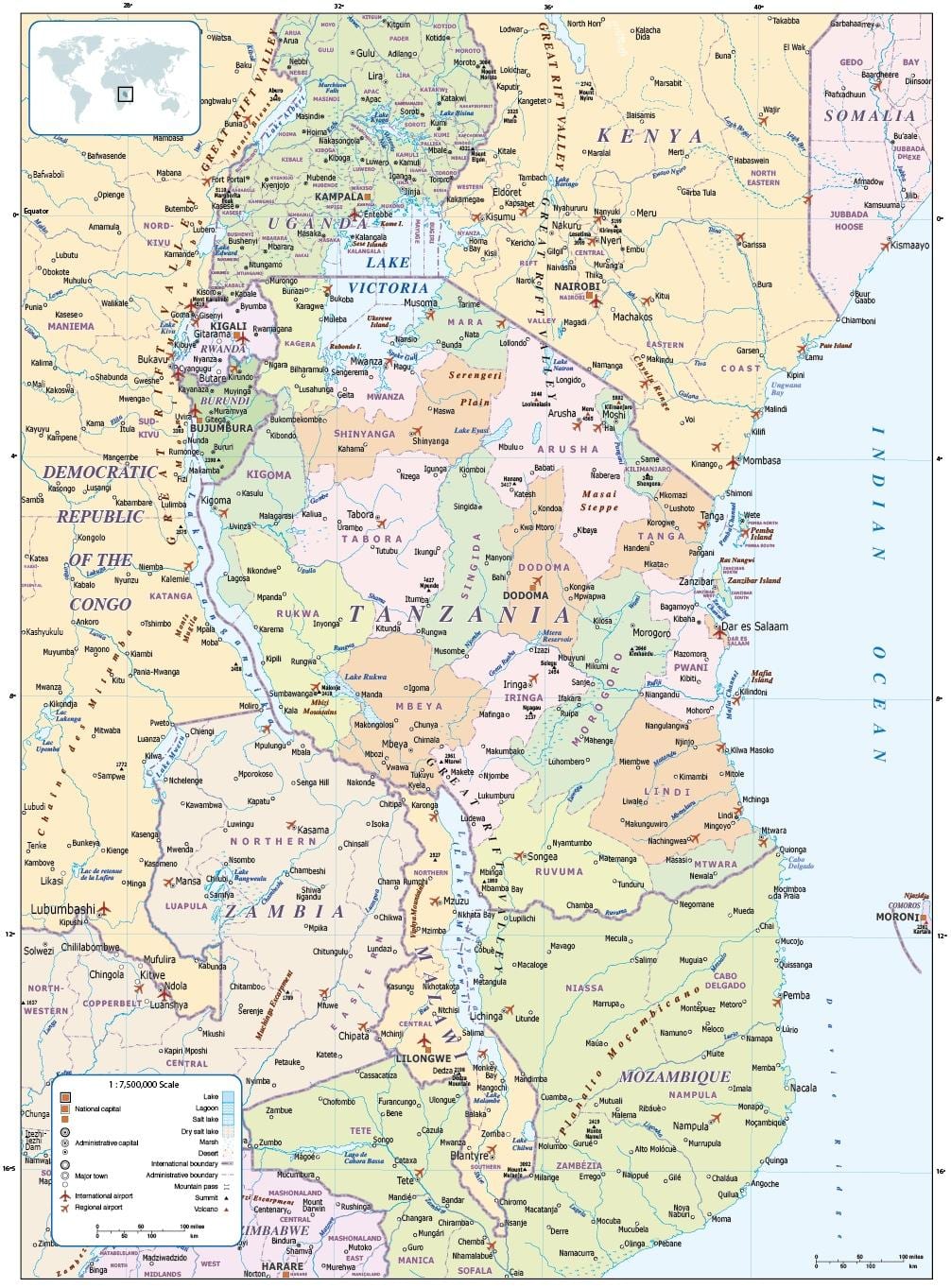 வரைபடம் தான்சானியா மற்றும் சுற்றியுள்ள நாடுகள்